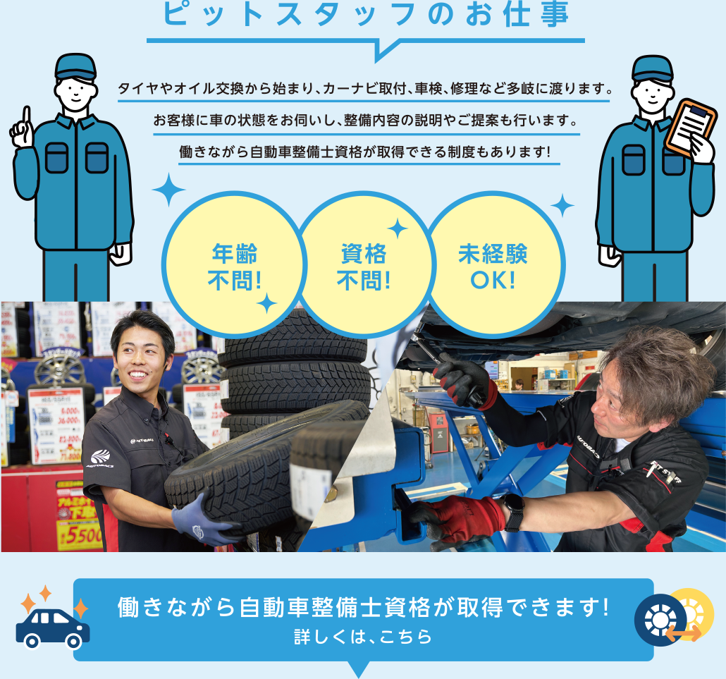 【ピットスタッフのお仕事】タイヤやオイル交換から始まり、カーナビ取付、車検、修理など多岐に渡ります。お客様に車の状態をお伺いし、整備内容の説明やご提案も行います。働きながら自動車整備士資格が取得できる制度もあります！（年齢不問！資格不問！未経験OK！）