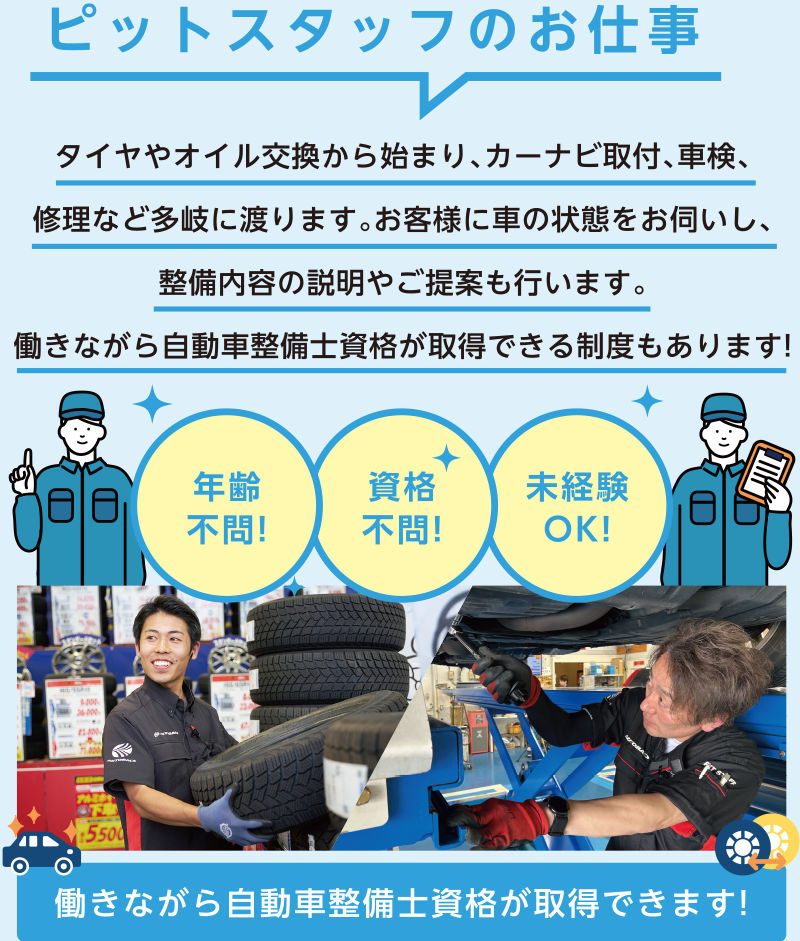 【ピットスタッフのお仕事】タイヤやオイル交換から始まり、カーナビ取付、車検、修理など多岐に渡ります。お客様に車の状態をお伺いし、整備内容の説明やご提案も行います。働きながら自動車整備士資格が取得できる制度もあります！（年齢不問！資格不問！未経験OK！）